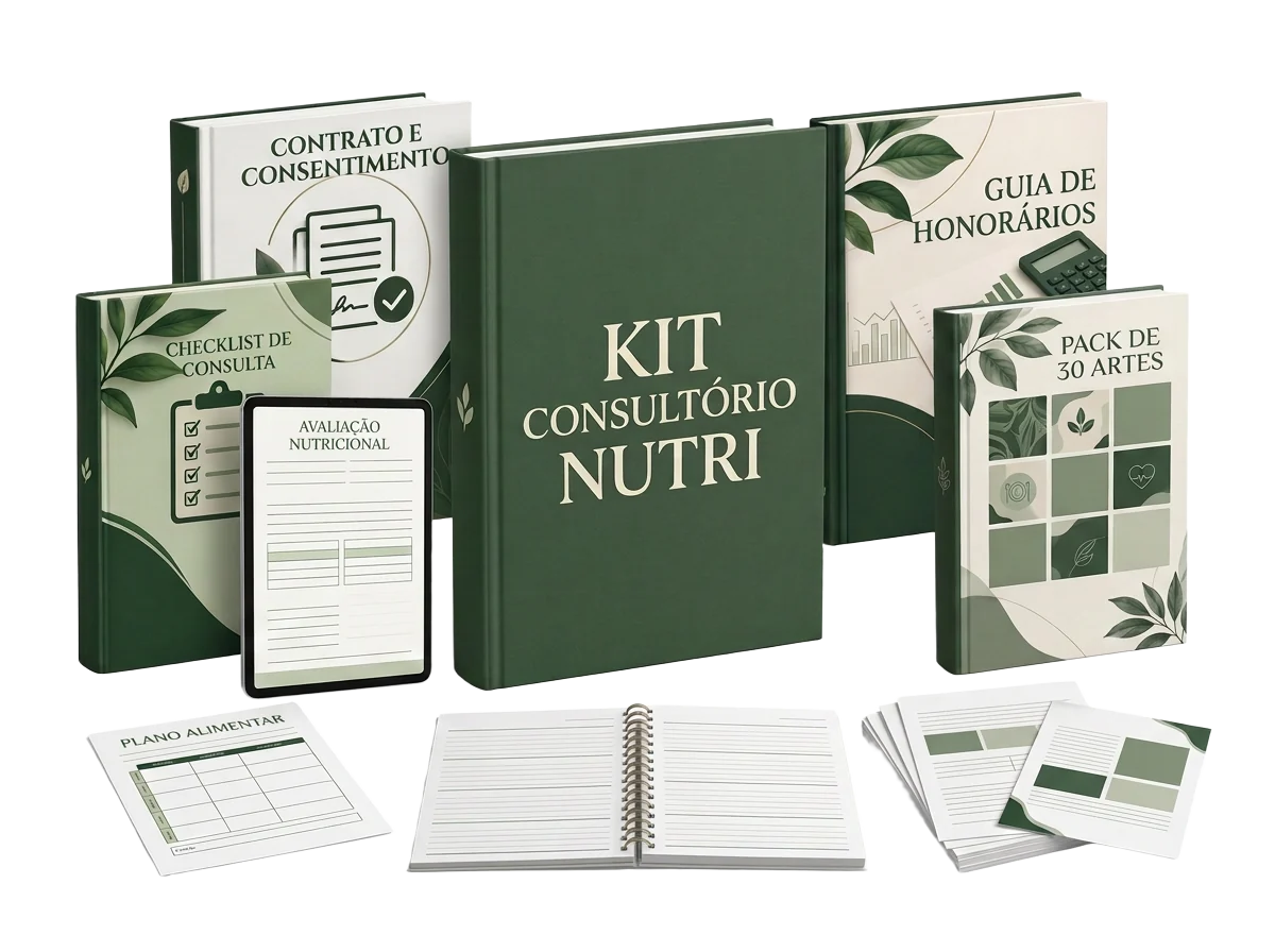 Biblioteca Kit Consultório Nutri com livros de Contrato e Consentimento, Checklist de Consulta, Guia de Honorários e Pack de 30 Artes, tablet e materiais nutricionais
