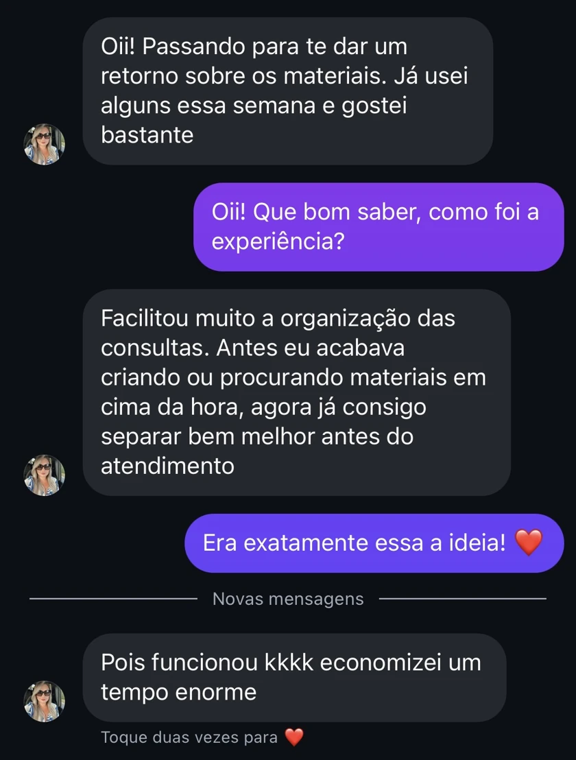 Conversa no WhatsApp: nutricionista relata que o kit facilitou a organização das consultas e economizou tempo