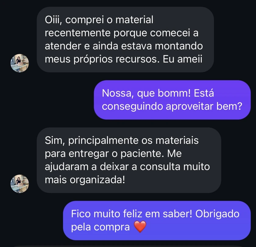 Conversa no WhatsApp: nutricionista conta que amou o material e a consulta ficou mais organizada